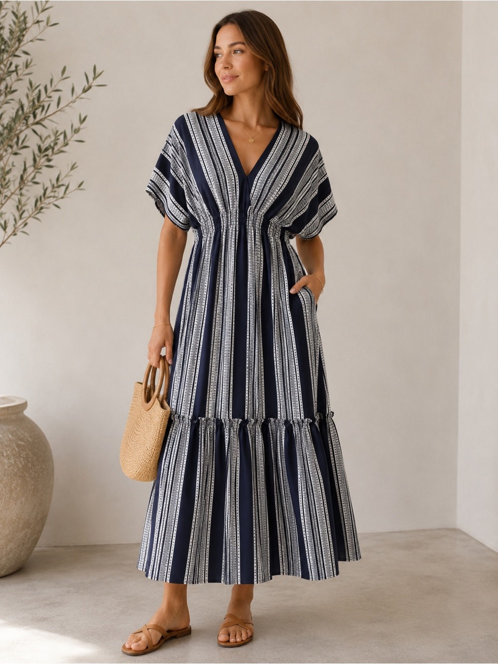 Taylor Navy & White Striped V-Neck Tiered Maxi Dress